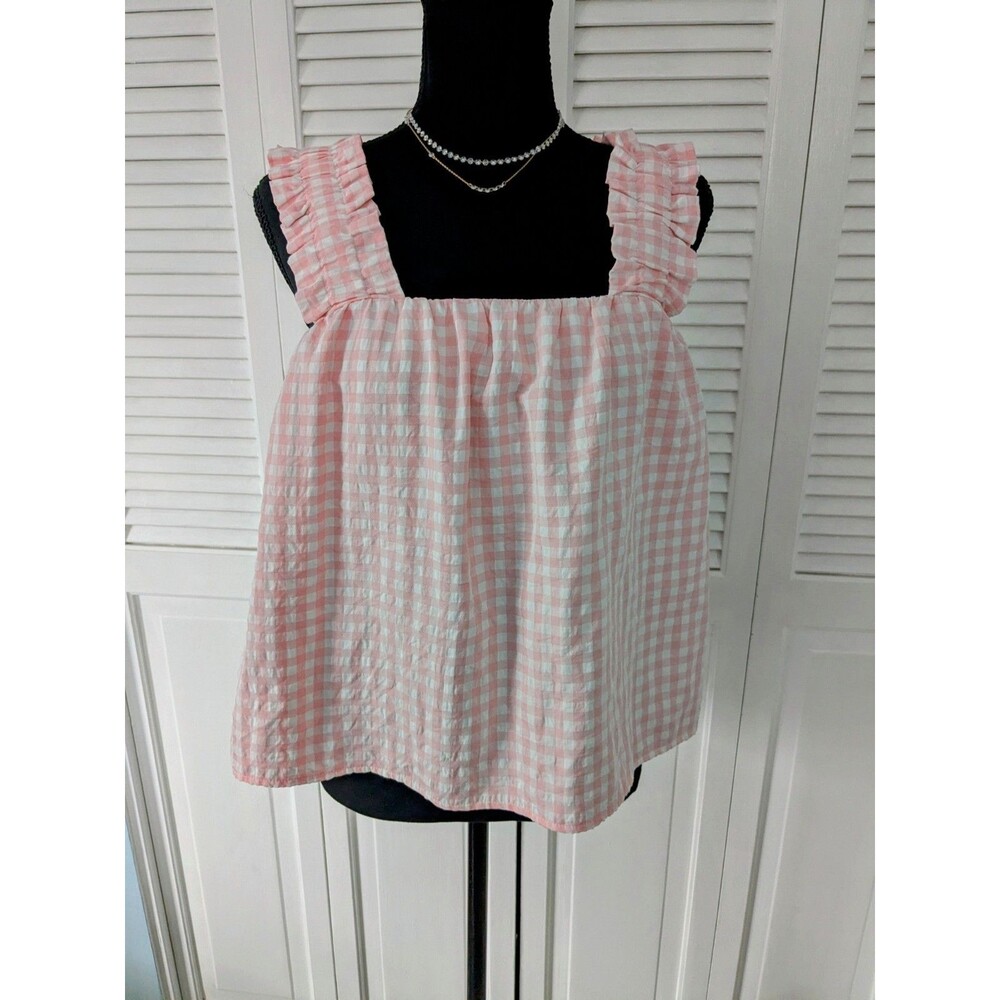 Aqua Pink and White Gingham Ruffle Strap Tank Top